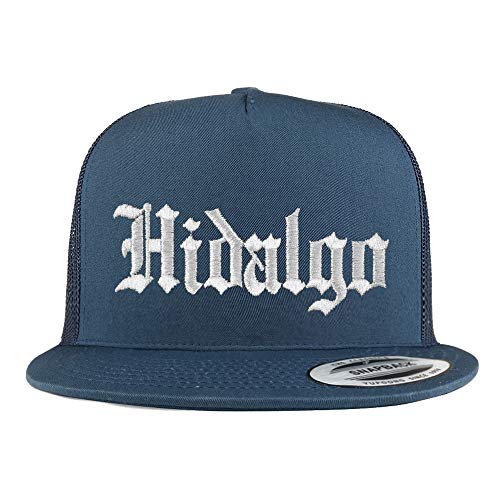 Trendy Apparel Shop Old English Hidalgo White Embroidered 5 Panel Flatbill Trucker Mesh Cap