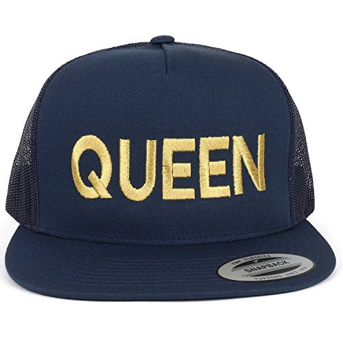 Trendy Apparel Shop Queen Gold Embroidered 5 Panel Flat Bill Mesh Cap