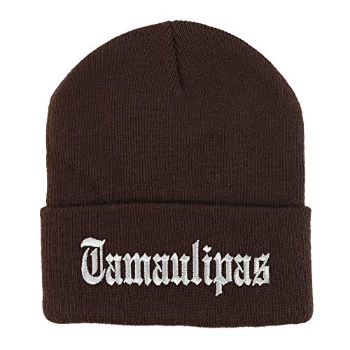 Trendy Apparel Shop Old English Tamaulipas White Embroidered Acrylic Knit Beanie Cap