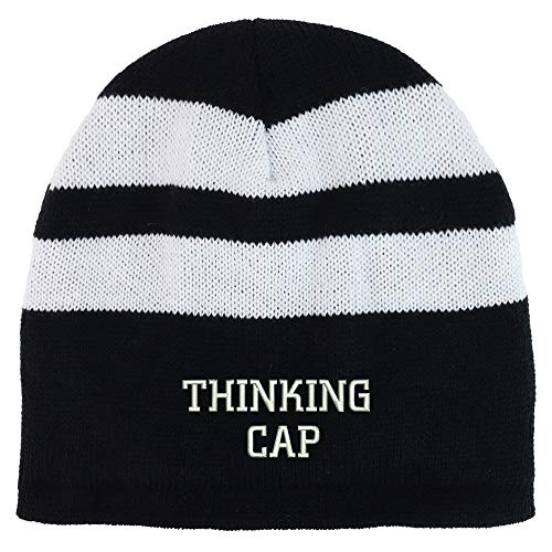 Trendy Apparel Shop Thinking Cap Embroidered Fleece Lined Striped Short Beanie