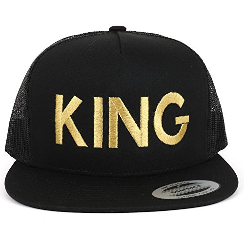 Trendy Apparel Shop King Gold Embroidered 5 Panel Flat Bill Mesh Cap