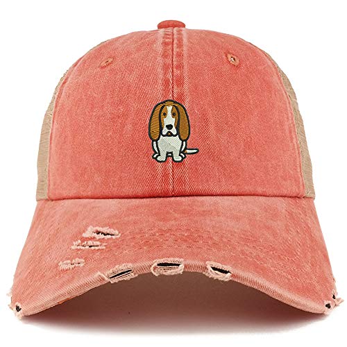 Trendy Apparel Shop Basset Hound Dog Embroidered Frayed Bill Trucker Mesh Back Cap