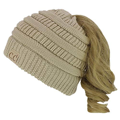 Trendy Apparel Shop Women's Lightweight Ribbed Knit 365 Stretchable Ponytail Beanie Cap