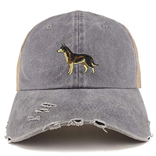 Trendy Apparel Shop Dark German Shepherd Dog Embroidered Frayed Bill Trucker Mesh Back Cap