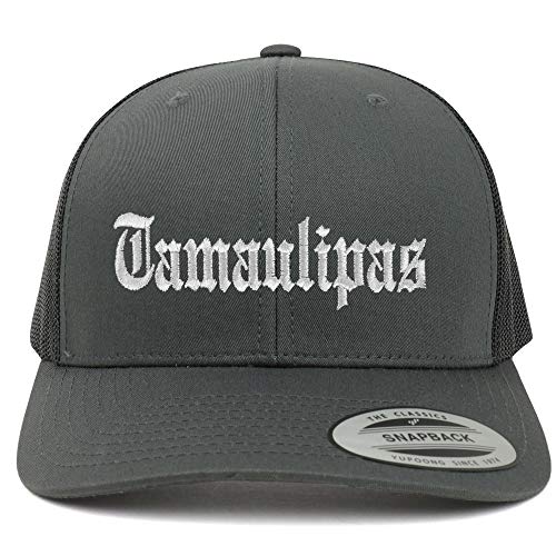 Trendy Apparel Shop Old English Tamaulipas White Embroidered Retro Trucker Mesh Cap