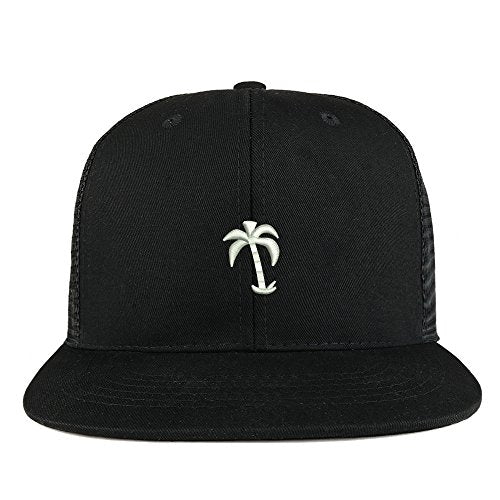 Trendy Apparel Shop Palm Tree Solid White Embroidered Cotton Flat Bill Mesh Back Trucker Cap