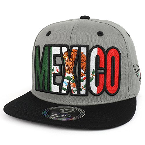 Trendy Apparel Shop Mexico Flag Outline Text Embroidered Flatbill Snapback Cap