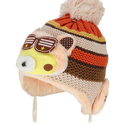 Trendy Apparel Shop Kid's Racoon Animal Fur Trimmed Pom Knit Beanie Hat