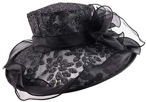 Trendy Apparel Shop Glitter Leaves Pattern Ruffled Brim Fashion Organza Hat