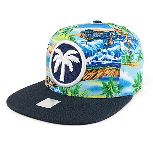 Trendy Apparel Shop Palm Tree Print and 3D Puff Embroidered Flatbill Snapback Cap