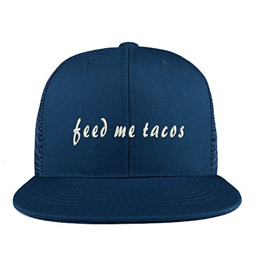 Trendy Apparel Shop Feed Me Tacos Embroidered Cotton Flat Bill Mesh Back Trucker Cap