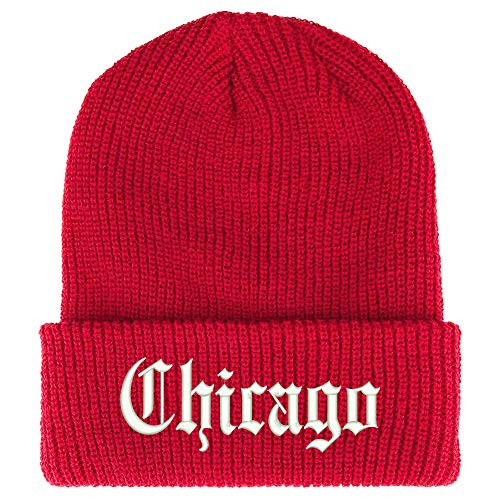 Trendy Apparel Shop Old English Font Chicago City Embroidered Ribbed Cuff Knit Beanie