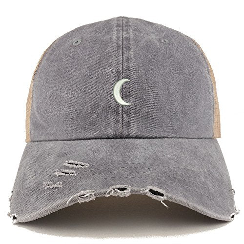Trendy Apparel Shop Crescent Moon Embroidered Frayed Bill Trucker Mesh Back Cap