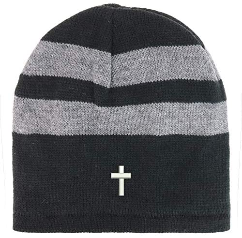 Trendy Apparel Shop Cross Embroidered Fleece Lined Striped Short Beanie