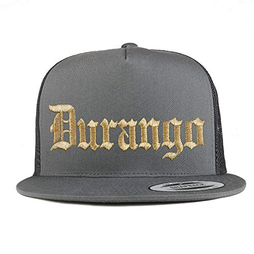Trendy Apparel Shop Old English Durango Gold Embroidered 5 Panel Flatbill Trucker Mesh Cap