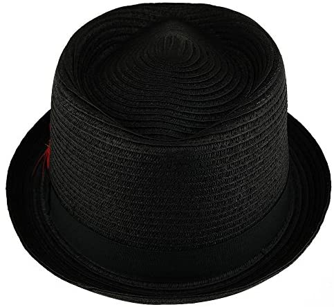 Trendy Apparel Shop Men's Pork Pie Straw Fedora Hat with Feather Grosgrain Hat Band