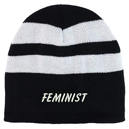 Trendy Apparel Shop Feminist Embroidered Fleece Lined Striped Short Beanie