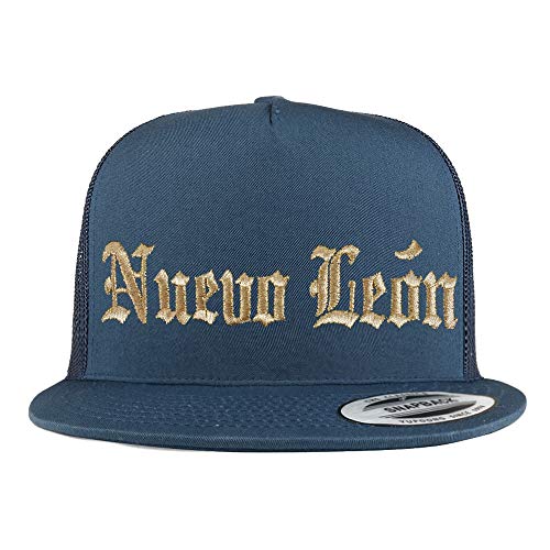 Trendy Apparel Shop Old English Nuevo Leon Gold Embroidered 5 Panel Flatbill Trucker Mesh Cap