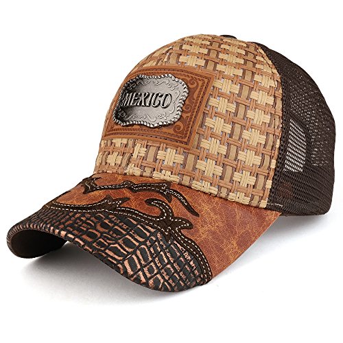 Trendy Apparel Shop Straw Design Metallic Mexico Logo Badge Trucker Mesh Baseball Cap