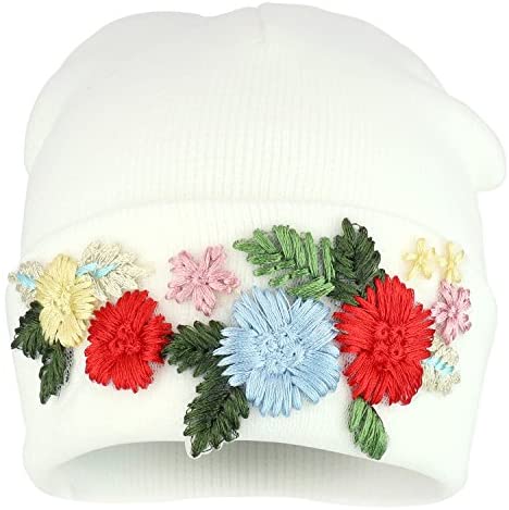 Trendy Apparel Shop Winter Knitted Cuffed Beanie Hat with Multi Floral Deco Trim - White