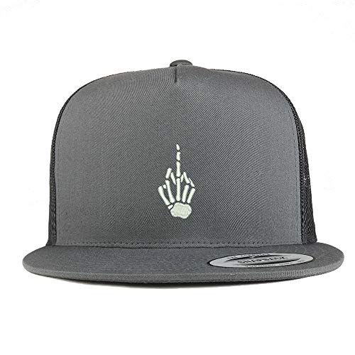 Trendy Apparel Shop Skeleton Middle Finger Embroidered 5 Panel Flatbill Mesh Cap