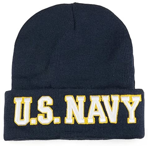 Trendy Apparel Shop US Navy 3D Embroidered Military Long Cuff Winter Beanie - Navy