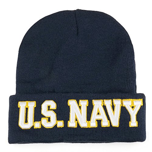 Trendy Apparel Shop US Navy 3D Embroidered Military Long Cuff Winter Beanie - Navy