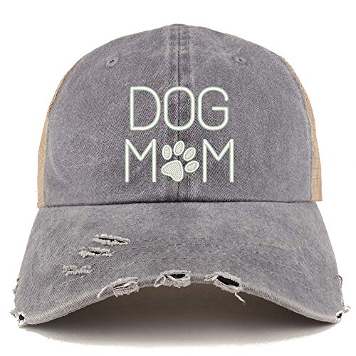 Trendy Apparel Shop Dog Mom with Paw Embroidered Frayed Bill Trucker Mesh Back Cap