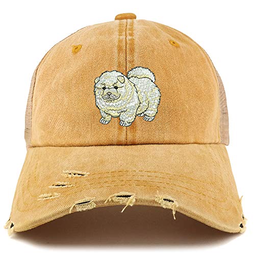 Trendy Apparel Shop Chow Chow Dog Embroidered Frayed Bill Trucker Mesh Back Cap