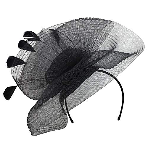 Trendy Apparel Shop Ladies Feather Trimmed Sinamay Mesh Bow Fascinator Headband