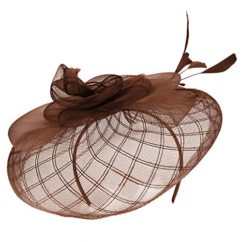 Trendy Apparel Shop Large Criss Cross Mesh Swirl Bow Fascinator with Feather
