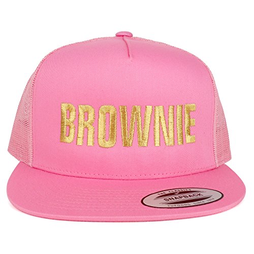 Trendy Apparel Shop Brownie Gold Embroidered 5 Panel Flat Bill Mesh Cap
