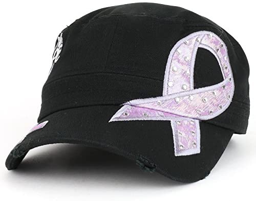 Trendy Apparel Shop Cancers Awareness Lavender Ribbon Embroidered Flat Top Style Army Cap