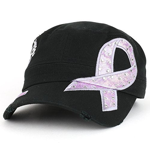 Trendy Apparel Shop Cancers Awareness Lavender Ribbon Embroidered Flat Top Style Army Cap
