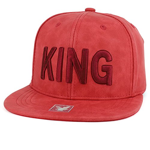 Trendy Apparel Shop King 3D Embroidered PU Leather Flatbill Snapback Cap - RED RED