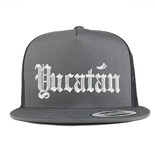 Trendy Apparel Shop Old English Yucatan White Embroidered 5 Panel Flatbill Trucker Mesh Cap