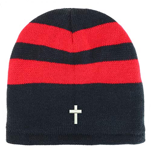 Trendy Apparel Shop Cross Embroidered Fleece Lined Striped Short Beanie