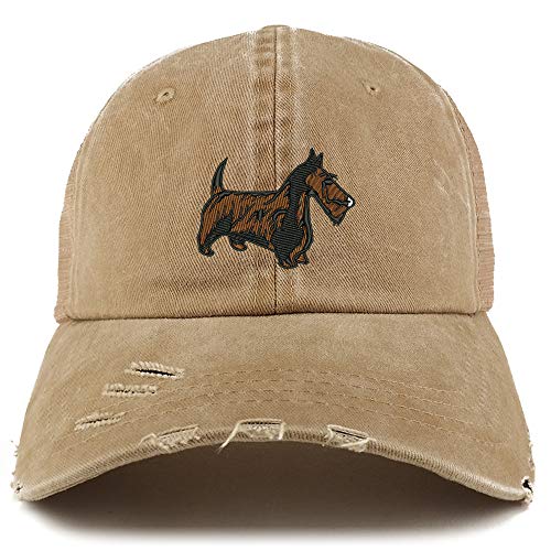 Trendy Apparel Shop Scottish Terrier Dog Embroidered Frayed Bill Trucker Mesh Back Cap
