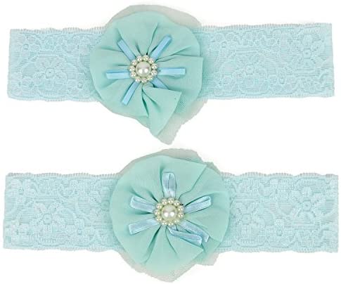 Trendy Apparel Shop Infant Girl's Soft Lace Stretchy Headband with Chiffon Flower 2 Pack - BLUE