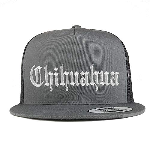 Trendy Apparel Shop Old English Chihuahua White Embroidered 5 Panel Flatbill Trucker Mesh Cap