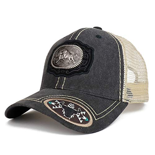 Trendy Apparel Shop Metallic Bull Badge on Leather Patch Trucker Mesh Ball Cap