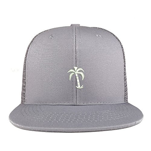 Trendy Apparel Shop Palm Tree Solid White Embroidered Cotton Flat Bill Mesh Back Trucker Cap