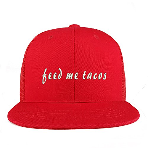 Trendy Apparel Shop Feed Me Tacos Embroidered Cotton Flat Bill Mesh Back Trucker Cap
