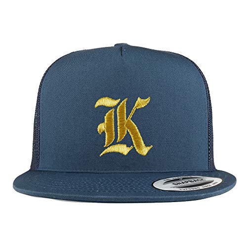 Trendy Apparel Shop Old English Gold K Embroidered 5 Panel Flatbill Trucker Mesh Cap