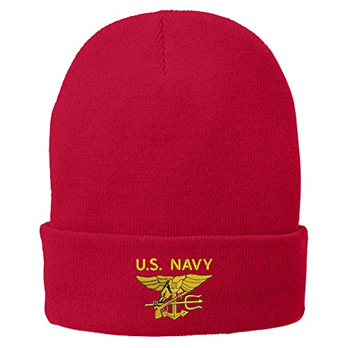 Trendy Apparel Shop US Navy Seal Text On Top Embroidered Winter Folded Long Beanie