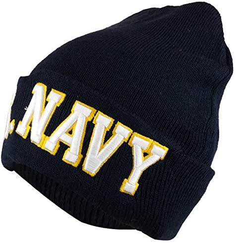 Trendy Apparel Shop US Navy 3D Embroidered Military Long Cuff Winter Beanie - Navy