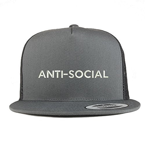 Trendy Apparel Shop Anti Social Embroidered 5 Panel Flat Bill Trucker Mesh Back Cap