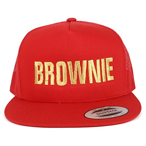 Trendy Apparel Shop Brownie Gold Embroidered 5 Panel Flat Bill Mesh Cap