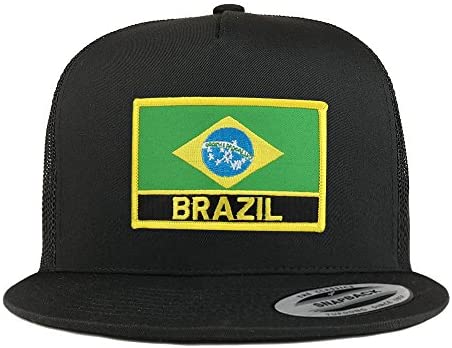 Trendy Apparel Shop Brazil Flag 5 Panel Flatbill Trucker Mesh Snapback Cap