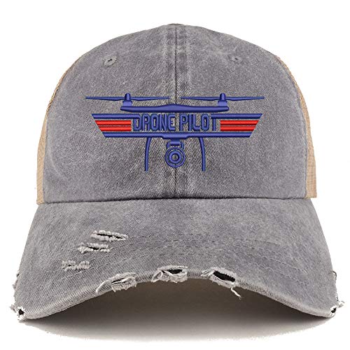 Trendy Apparel Shop Drone Top Gun Pilot Embroidered Frayed Bill Trucker Mesh Back Cap